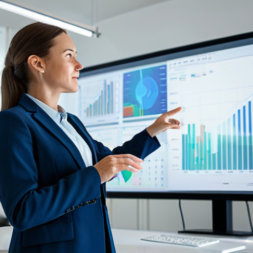 A professional female marketing director, fully clothed in a modest business suit, stands in a modern, brightly lit open-plan office. She is looking at and interacting with a translucent, glowing holographic interface that displays various data points, charts, and creative mockups. Her right hand is gently gesturing towards the interface. The background shows blurred colleagues working collaboratively. Perfect anatomy, correct proportions, well-formed hands, natural pose, professional photography, high resolution, soft studio lighting, safe for work, appropriate content, fully clothed, professional dress, family-friendly.