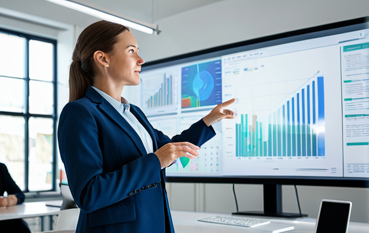 A professional female marketing director, fully clothed in a modest business suit, stands in a modern, brightly lit open-plan office. She is looking at and interacting with a translucent, glowing holographic interface that displays various data points, charts, and creative mockups. Her right hand is gently gesturing towards the interface. The background shows blurred colleagues working collaboratively. Perfect anatomy, correct proportions, well-formed hands, natural pose, professional photography, high resolution, soft studio lighting, safe for work, appropriate content, fully clothed, professional dress, family-friendly.