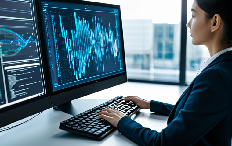 A professional female prompt engineer, fully clothed in a modest, tailored business blazer and blouse, is seated at a sleek, futuristic workstation. Her hands are positioned over a holographic keyboard, demonstrating focused interaction with the AI system. The background is a brightly lit, minimalist, high-tech studio with large holographic screens displaying intricate, abstract AI-generated digital art and lines of code, blurred to focus on the subject and the digital interface. The image should emphasize innovation, precision, and the fusion of human creativity with advanced technology. This is professional photography, with sharp focus and high detail.