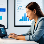 A professional female creative entrepreneur, fully clothed in a modest, smart casual outfit, sitting at a clean, minimalist desk in a bright, modern co-working space bathed in natural light. She is deeply focused on a laptop screen displaying a detailed content strategy map with interconnected ideas, while a tablet next to it shows various digital product icons and small financial graphs trending upwards. A subtle, elegant brand logo is visible on the wall behind her, conveying a strong unique identity. The scene emphasizes innovation, strategic growth, and diversified income streams. Safe for work, appropriate content, professional, family-friendly, perfect anatomy, correct proportions, natural pose, well-formed hands, proper finger count, natural body proportions, high-quality professional photography.