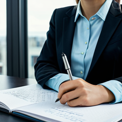 Home 25 A professional female scriptwriter, in a modest business casual blazer and collared shirt, sitting at a sleek desk. Her gaze is fixed on a holographic interface displaying evolving script text and character ideas. The modern, minimalist studio features large windows with soft, natural light filtering in, suggesting an inspiring atmosphere. A discreet notebook and pen are placed beside her tablet. This image should convey a sense of collaborative creativity. Fully clothed, appropriate attire, professional dress, safe for work, appropriate content, family-friendly, perfect anatomy, correct proportions, natural pose, well-formed hands, proper finger count, natural body proportions, professional photography, high quality.
