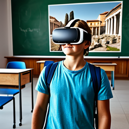 Home 24 "A student fully clothed, wearing casual attire, using a VR headset to explore a Roman city, inside a modern classroom, appropriate content, safe for work, perfect anatomy, natural proportions, family-friendly, high-quality render."