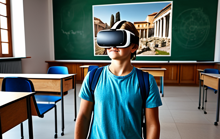 "A student fully clothed, wearing casual attire, using a VR headset to explore a Roman city, inside a modern classroom, appropriate content, safe for work, perfect anatomy, natural proportions, family-friendly, high-quality render."