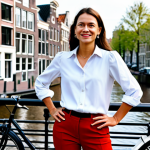 **Prompt:** A professional female architect, fully clothed in smart-casual attire (e.g., blouse, stylish trousers), standing in front of a modern Dutch-style building in Amsterdam. Background shows canals and bicycles. Perfect anatomy, well-formed hands, correct proportions, natural pose, safe for work, appropriate content, professional, modest, high quality.
