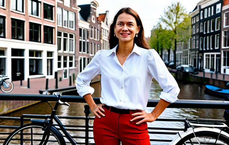 **Prompt:** A professional female architect, fully clothed in smart-casual attire (e.g., blouse, stylish trousers), standing in front of a modern Dutch-style building in Amsterdam. Background shows canals and bicycles. Perfect anatomy, well-formed hands, correct proportions, natural pose, safe for work, appropriate content, professional, modest, high quality.