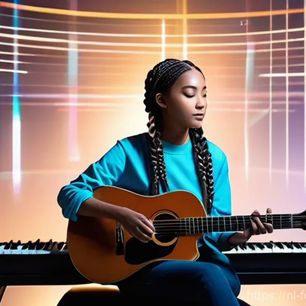 AI 작곡 소프트웨어 비교 - **Prompt 1: Harmonious AI Music Collaboration**
    A diverse young female musician, in her late twe...