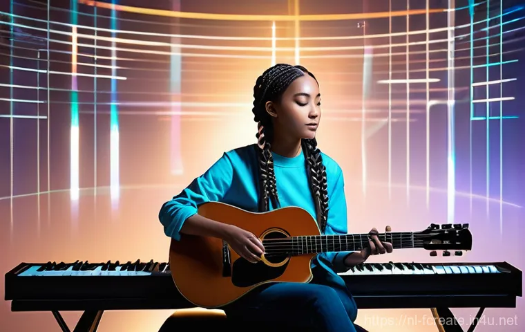 AI 작곡 소프트웨어 비교 - **Prompt 1: Harmonious AI Music Collaboration**
    A diverse young female musician, in her late twe...