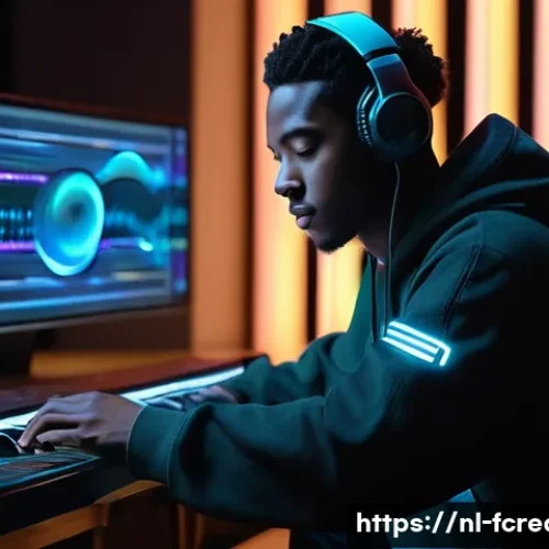 Home 33 AI 작곡과 음악 창작 - **Prompt:** A young, diverse musician, wearing stylish but modest street fashion (like a fitted hood...