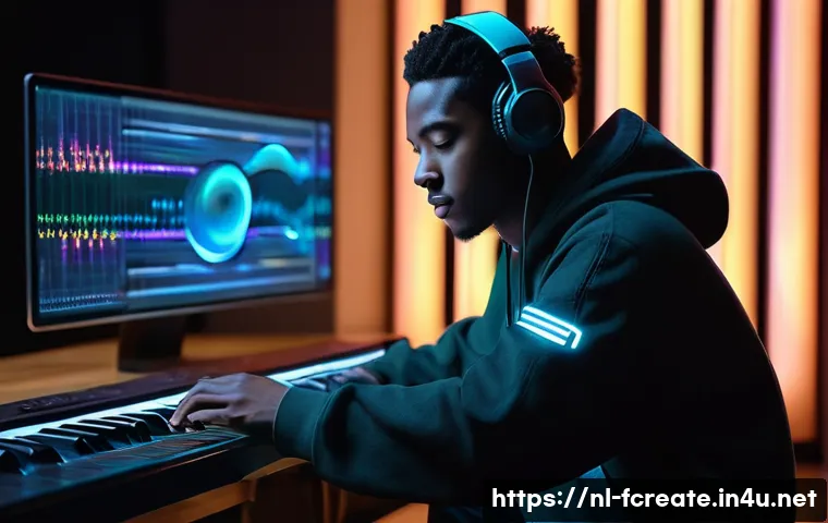 AI 작곡과 음악 창작 - **Prompt:** A young, diverse musician, wearing stylish but modest street fashion (like a fitted hood...