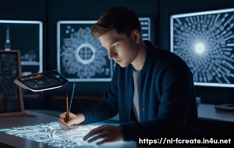 AI 예술의 저작권 문제 - **Prompt:** "A highly detailed, cinematic shot of a young artist (wearing stylish, comfortable studi...