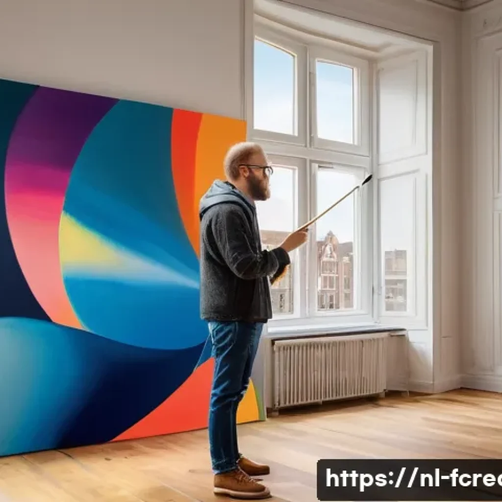 미래의 예술  인간 vs AI - A contemporary Dutch artist in a bright, modern studio filled with vibrant paintings reflecting deep...