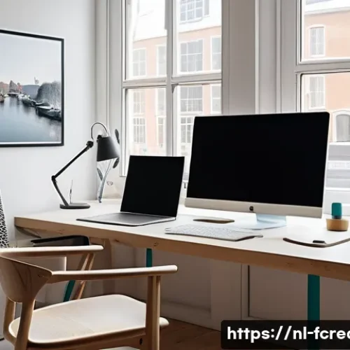 Home 17 미래 창작 도구와 소프트웨어 - A modern creative workspace featuring a Dutch graphic designer using AI-powered design software on a...