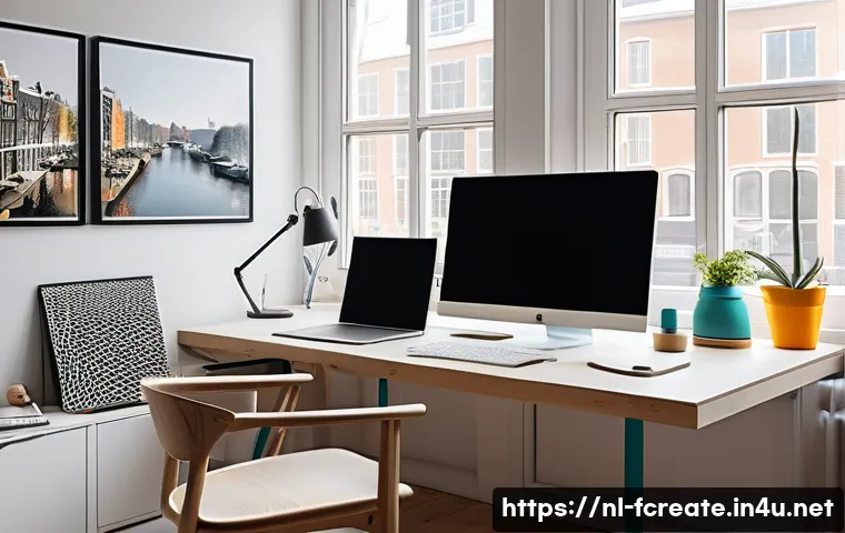 미래 창작 도구와 소프트웨어 - A modern creative workspace featuring a Dutch graphic designer using AI-powered design software on a...