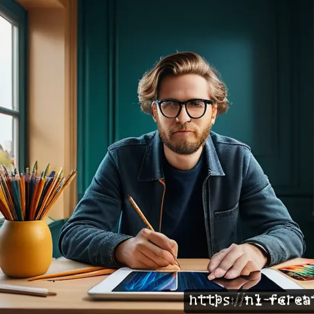 디지털 미디어와 창작자의 관계 변화 - A creative Dutch artist in a modern digital studio, working on a tablet with Procreate and Adobe Cre...