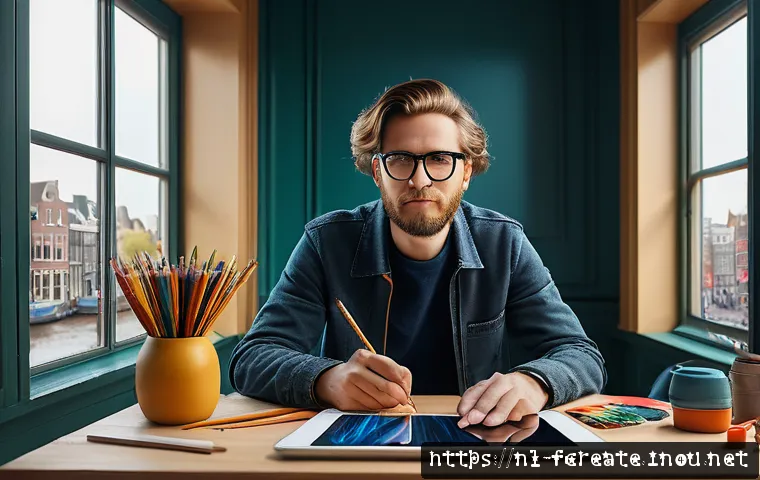 디지털 미디어와 창작자의 관계 변화 - A creative Dutch artist in a modern digital studio, working on a tablet with Procreate and Adobe Cre...