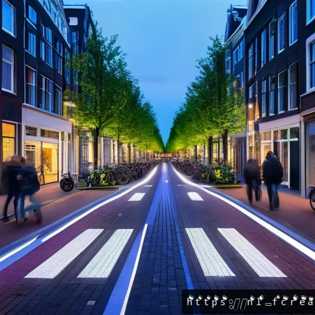창작자와 기술의 협업 - A futuristic Dutch smart city street scene in Amsterdam at dusk, showcasing integrated sensor networ...