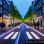 창작자와 기술의 협업 - A futuristic Dutch smart city street scene in Amsterdam at dusk, showcasing integrated sensor networ...