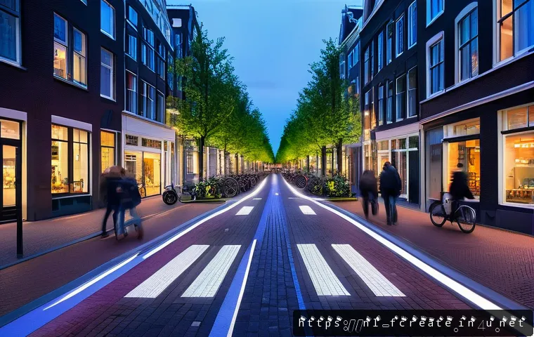 창작자와 기술의 협업 - A futuristic Dutch smart city street scene in Amsterdam at dusk, showcasing integrated sensor networ...