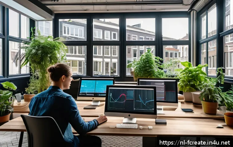 AI와 창작  심리학적 분석 - A contemporary creative workspace in Amsterdam filled with diverse professionals collaborating with ...