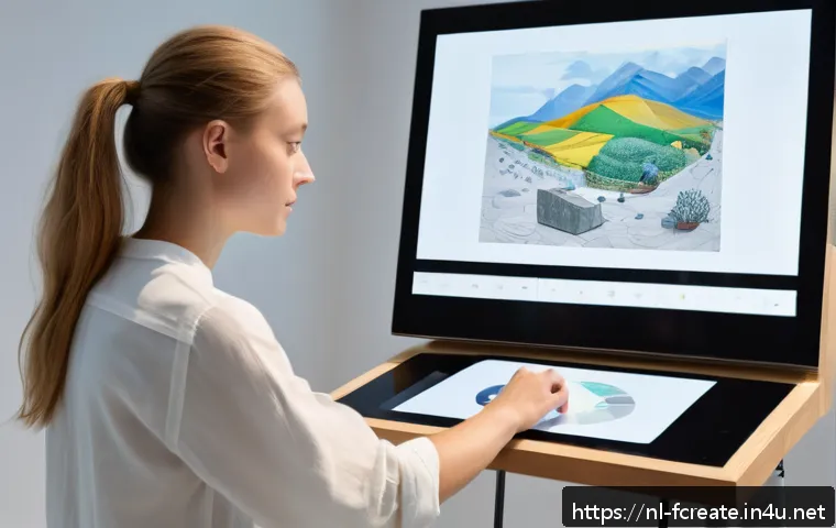 대체 불가능한 토큰 NFT 과 예술 창작 - A modern Dutch artist studio featuring a young creative professional working on a digital painting w...