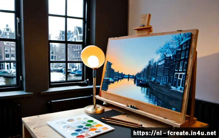 아티스트의 디지털 미래 - Photorealistic Dutch visual artist in a bright Amsterdam canal-side studio, using a stylus on a larg...