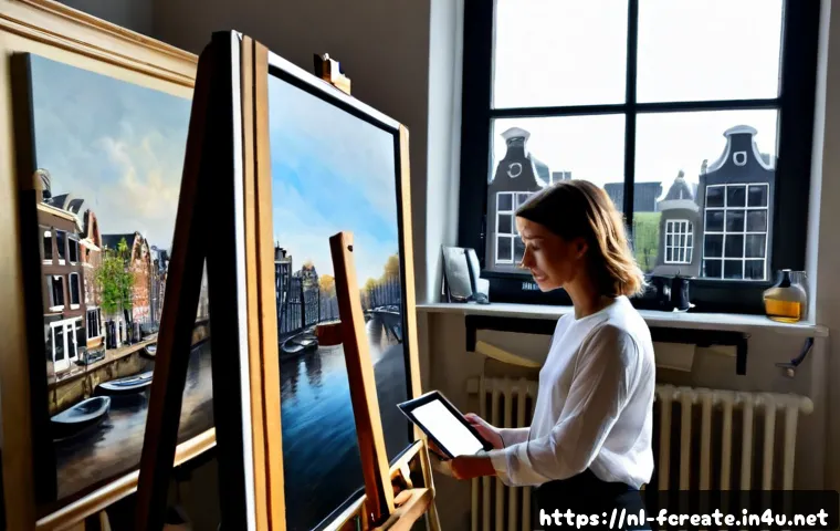 기술이 바꾸는 예술 창작의 방식 - Photorealistic contemporary Dutch artist in a bright Amsterdam canal-side studio, using a digital st...